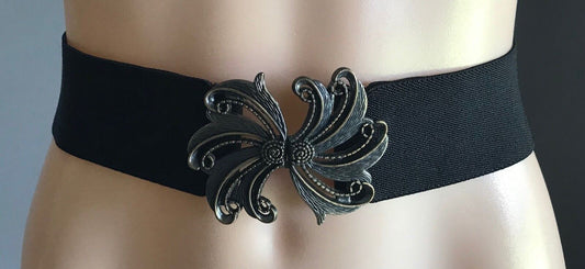 5cm Belt Retro Ladies Thick Elastic Black Ornate Pewter & Bronze Clasp Size 8 12