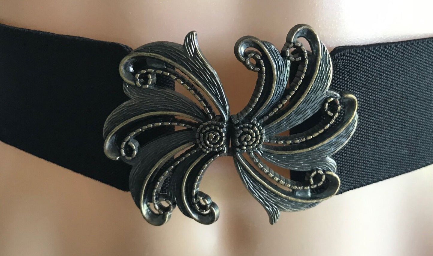 5cm Belt Retro Ladies Thick Elastic Black Ornate Pewter & Bronze Clasp Size 8 12