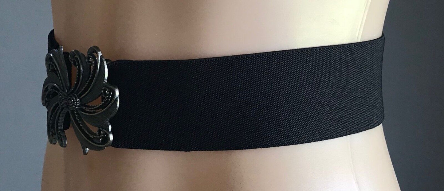 5cm Belt Retro Ladies Thick Elastic Black Ornate Pewter & Bronze Clasp Size 8 12