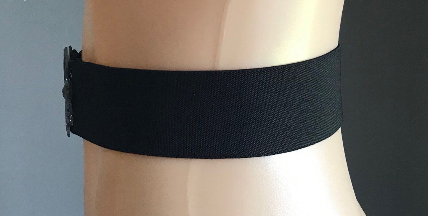 5cm Belt Retro Ladies Thick Elastic Black Ornate Pewter & Bronze Clasp Size 8 12