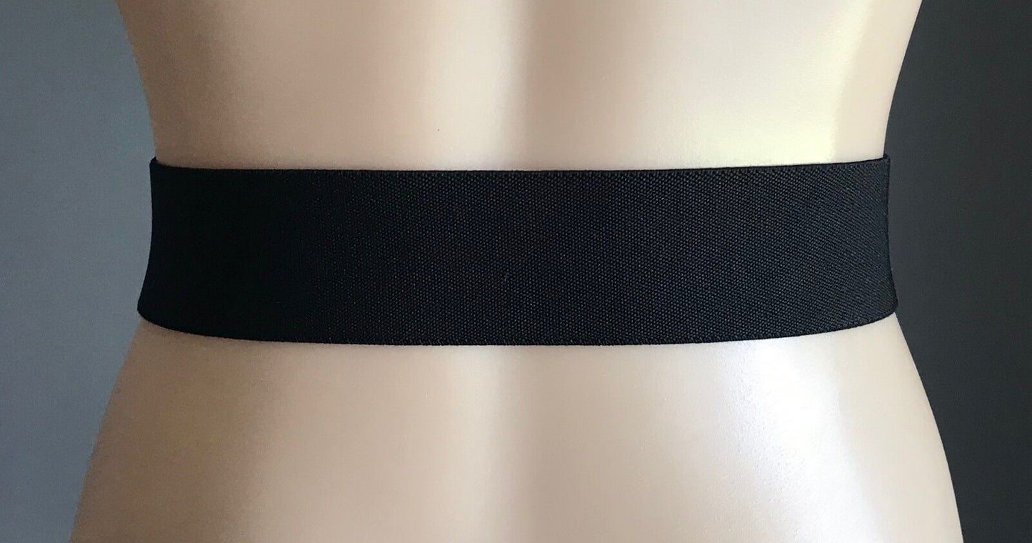 5cm Belt Retro Ladies Thick Elastic Black Ornate Pewter & Bronze Clasp Size 8 12