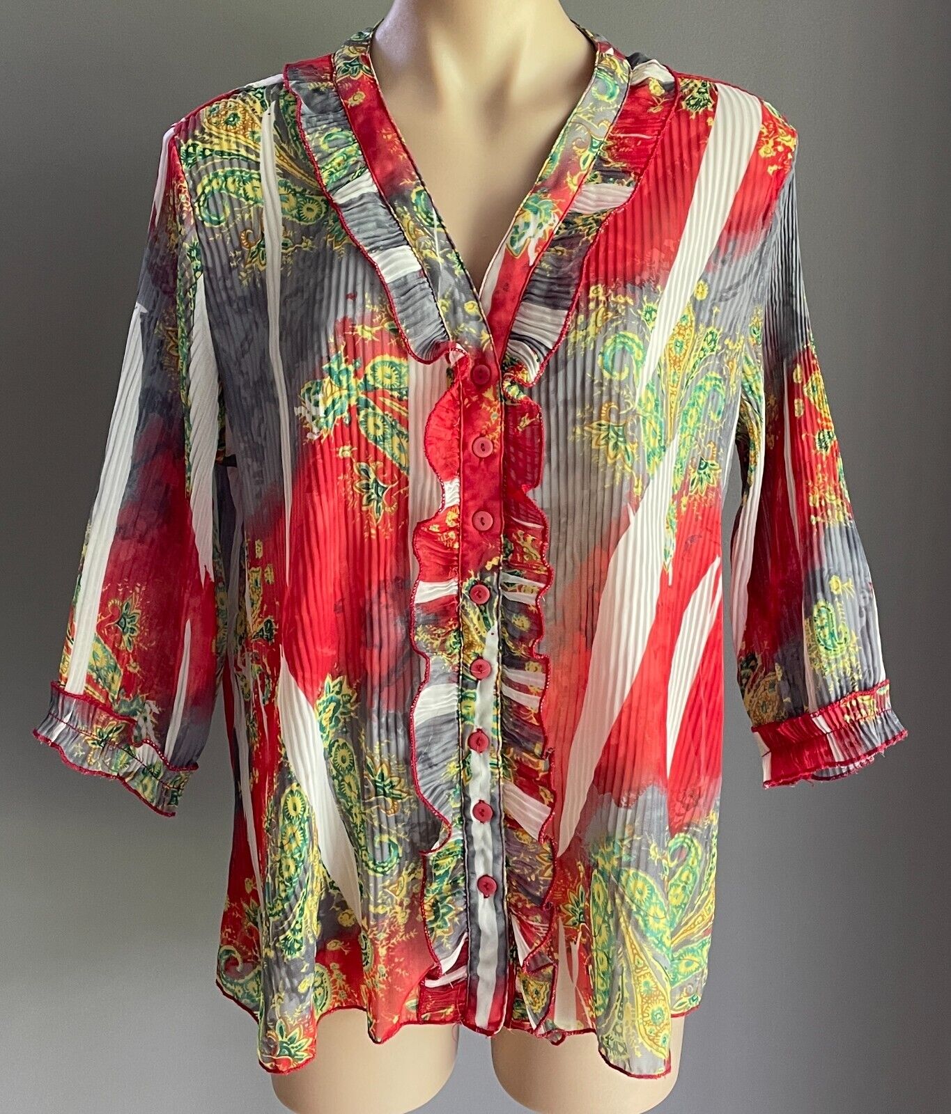 Colourful Top w Print Semi Sheer Pleated 3/4 Sleeve Ruffle Trim Blouse Size L