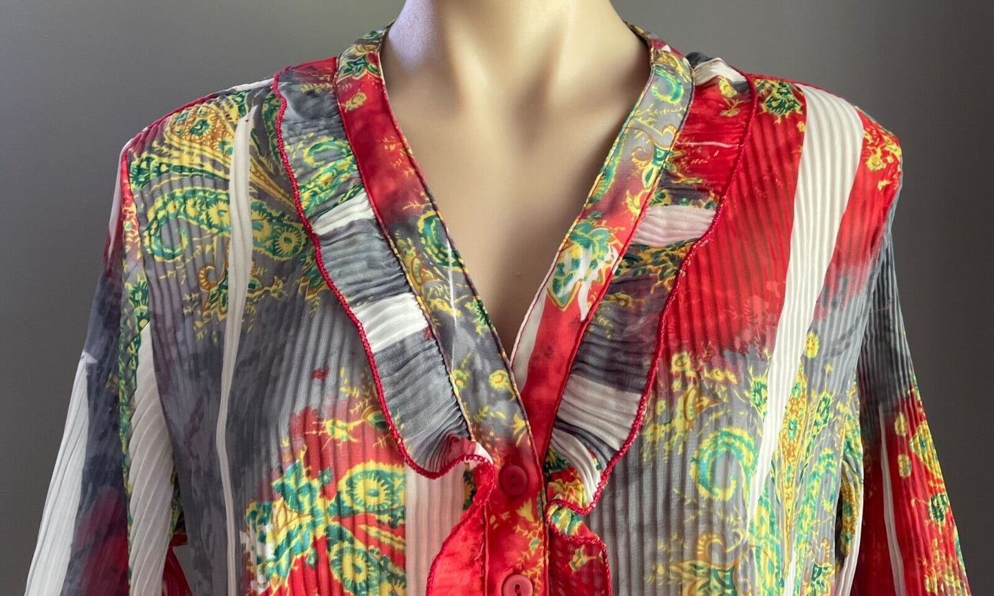 Colourful Top w Print Semi Sheer Pleated 3/4 Sleeve Ruffle Trim Blouse Size L