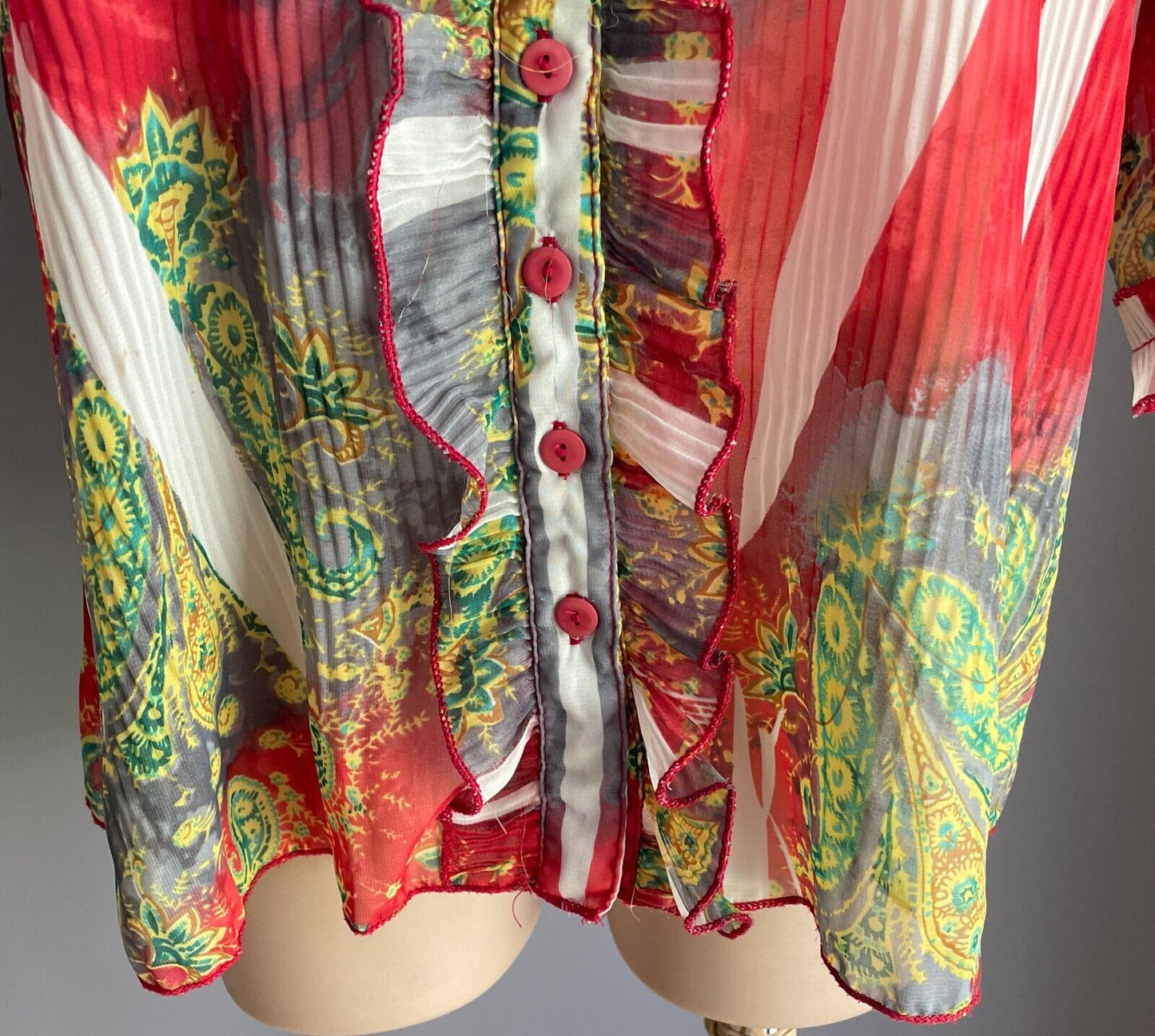 Colourful Top w Print Semi Sheer Pleated 3/4 Sleeve Ruffle Trim Blouse Size L