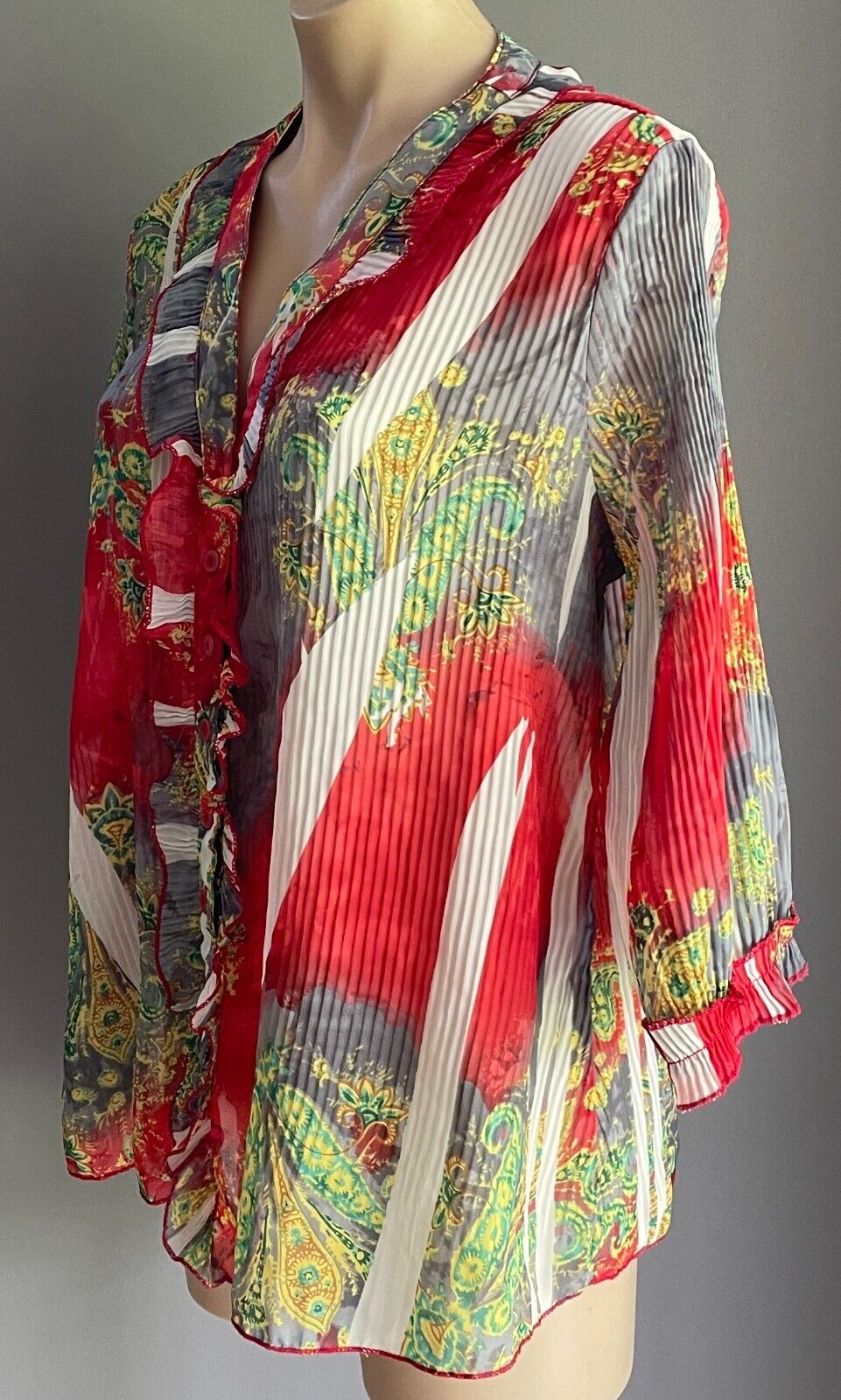 Colourful Top w Print Semi Sheer Pleated 3/4 Sleeve Ruffle Trim Blouse Size L