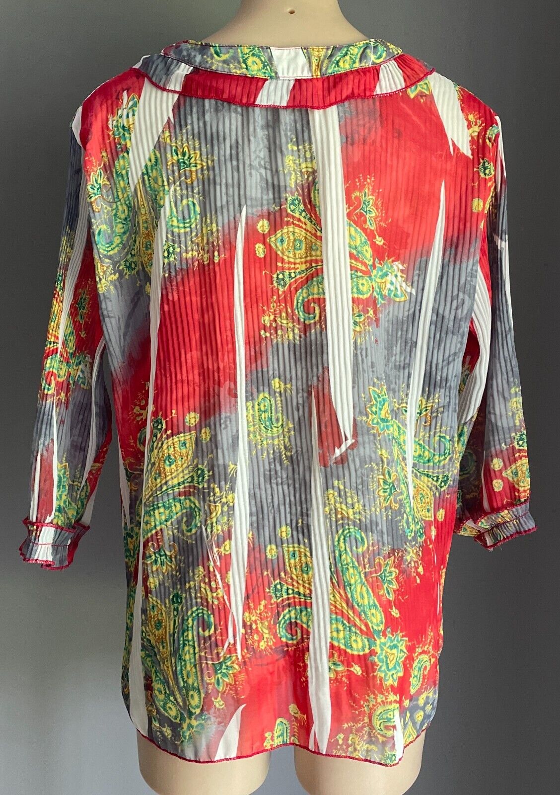 Colourful Top w Print Semi Sheer Pleated 3/4 Sleeve Ruffle Trim Blouse Size L