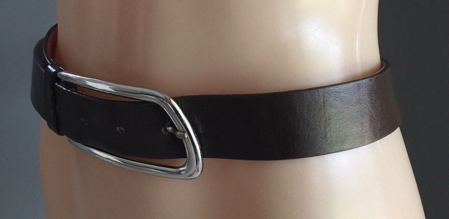 DOROTHY PERKINS Leather Belt 4cm W Dark Brown Large Silver Buckle Size M 12 14