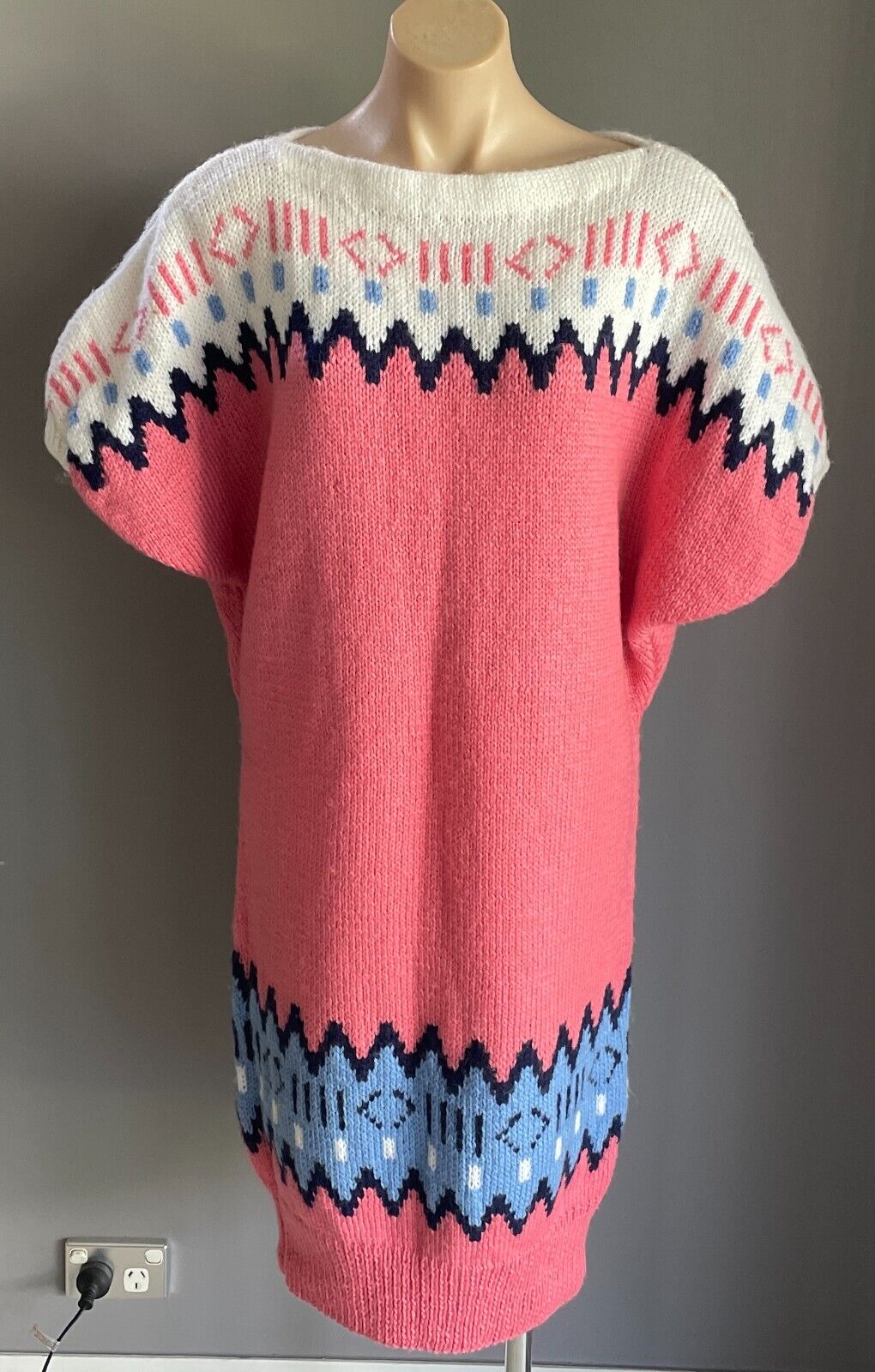 Vintage Jumper Dress HandKnitted 1980s Cap Sleeve Size 14 16 Pink White Blue