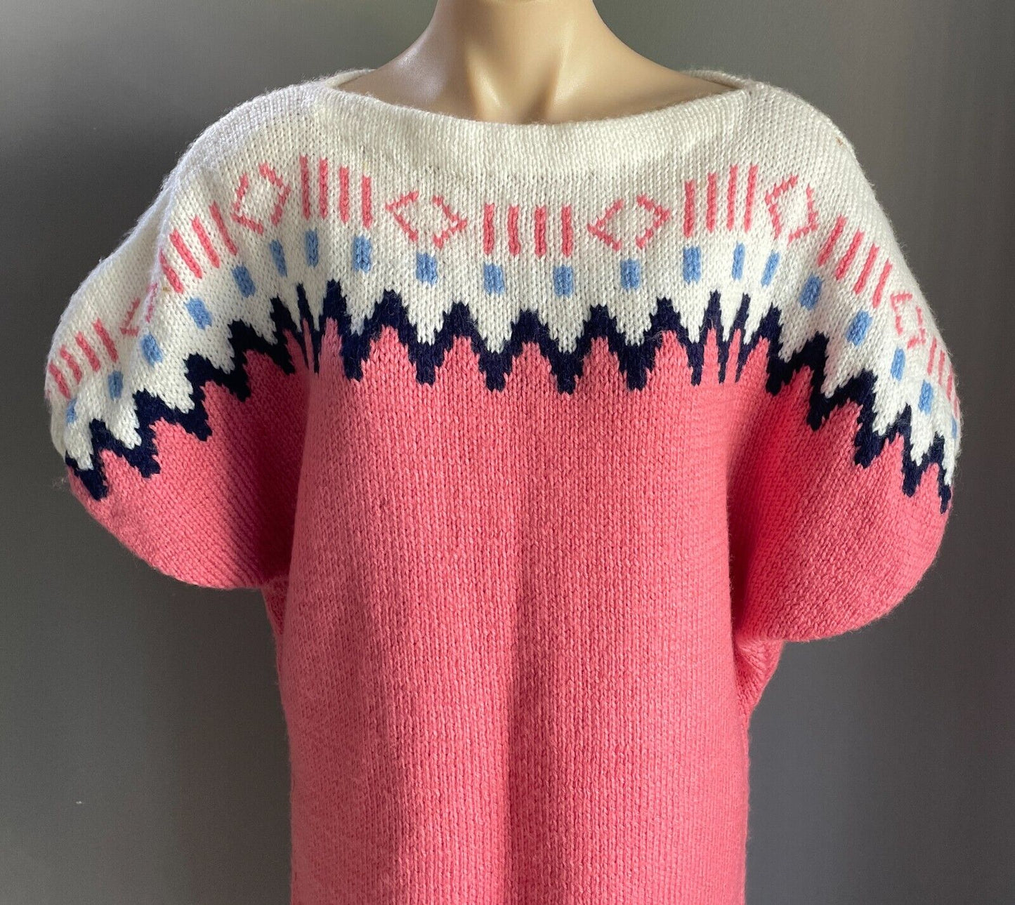 Vintage Jumper Dress HandKnitted 1980s Cap Sleeve Size 14 16 Pink White Blue