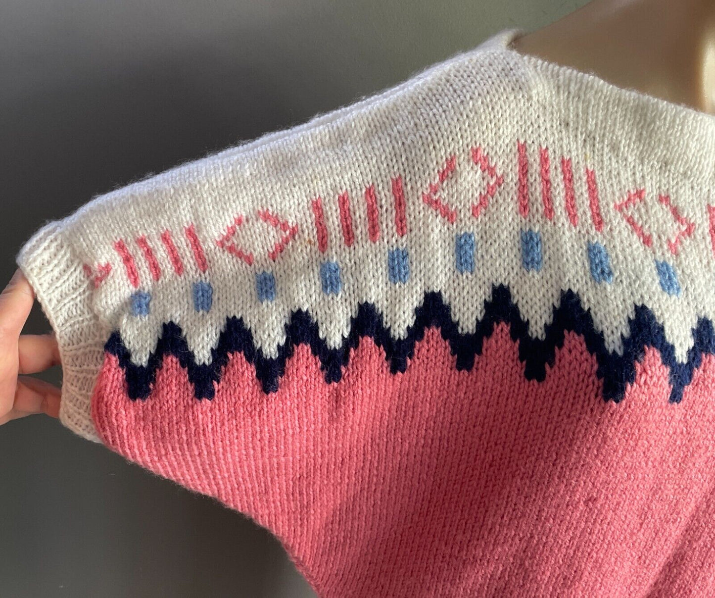 Vintage Jumper Dress HandKnitted 1980s Cap Sleeve Size 14 16 Pink White Blue