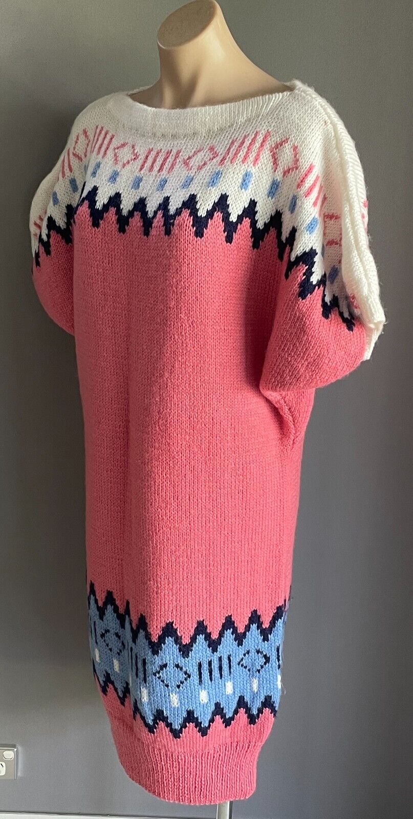 Vintage Jumper Dress HandKnitted 1980s Cap Sleeve Size 14 16 Pink White Blue