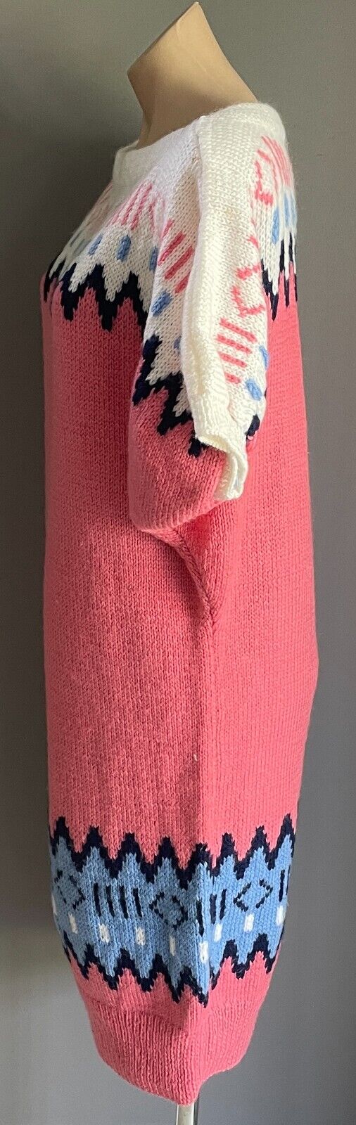 Vintage Jumper Dress HandKnitted 1980s Cap Sleeve Size 14 16 Pink White Blue