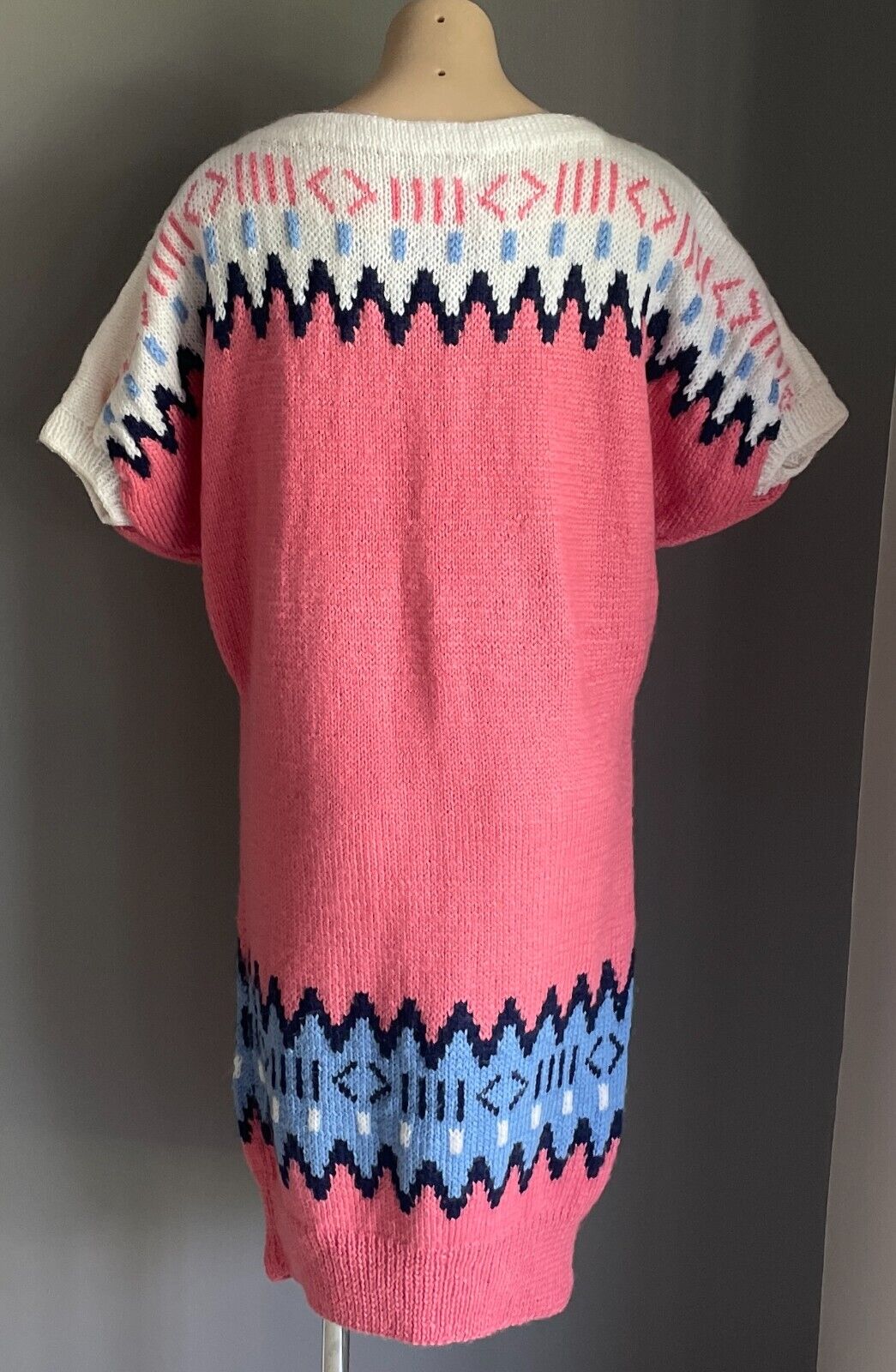 Vintage Jumper Dress HandKnitted 1980s Cap Sleeve Size 14 16 Pink White Blue