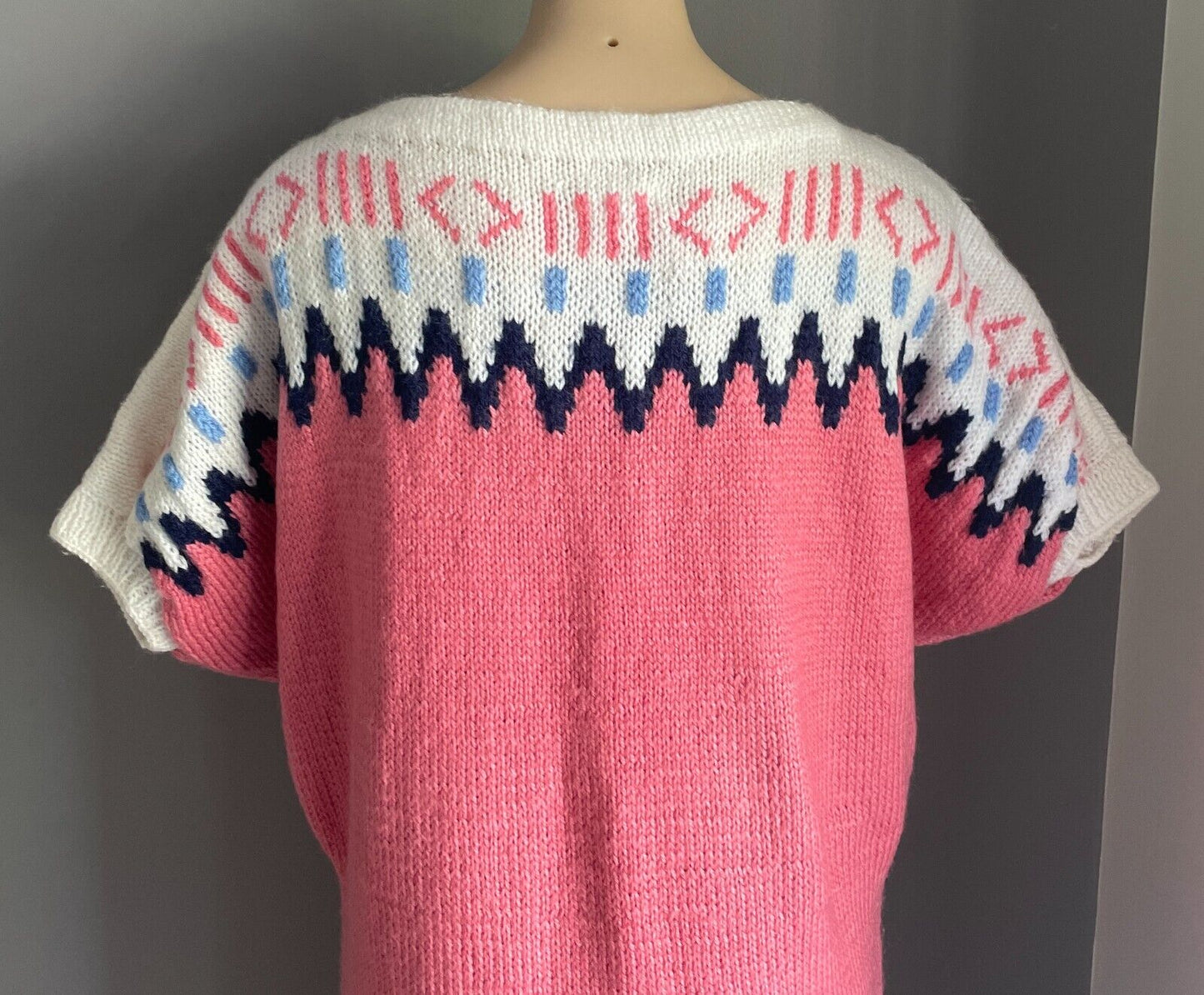 Vintage Jumper Dress HandKnitted 1980s Cap Sleeve Size 14 16 Pink White Blue