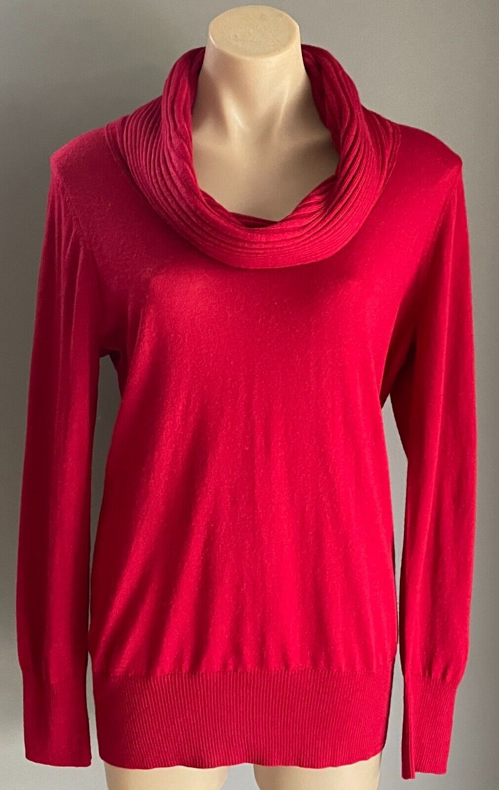 DKNY Jumper Red Cowl Neck Sweater Size L Long Sleeve Fine Knit Ribbed Neck