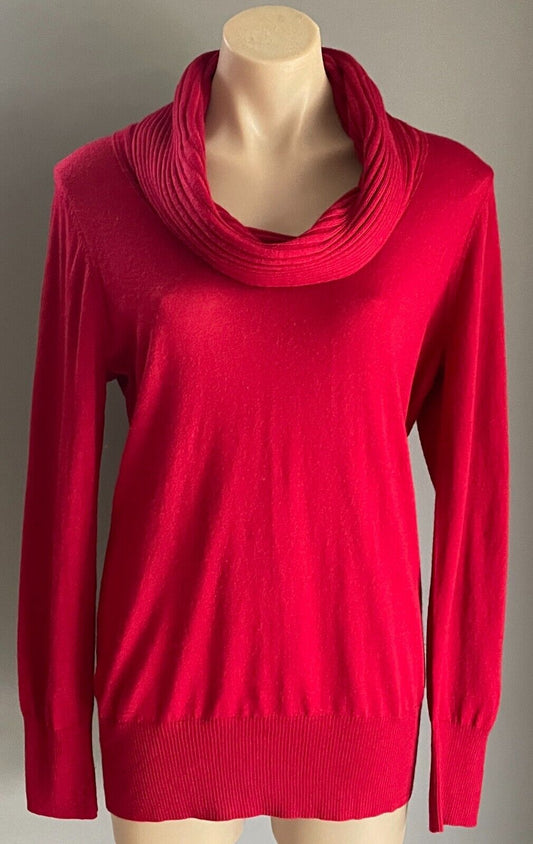 DKNY Jumper Red Cowl Neck Sweater Size L Long Sleeve Fine Knit Ribbed Neck