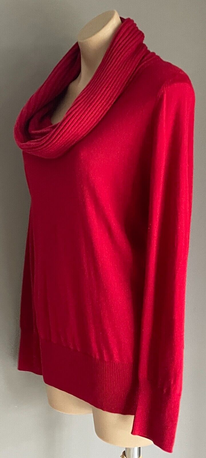 DKNY Jumper Red Cowl Neck Sweater Size L Long Sleeve Fine Knit Ribbed Neck