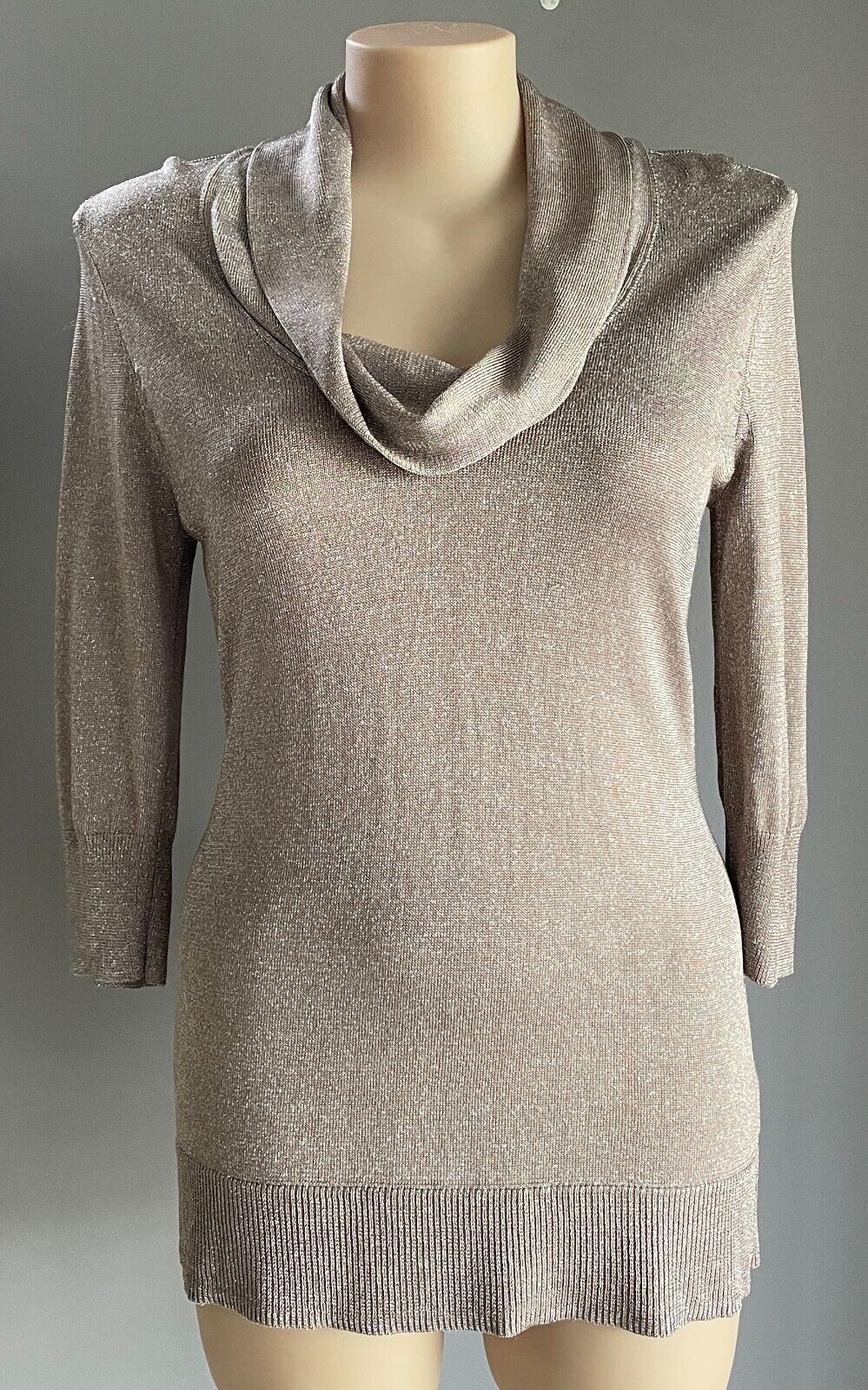 EXCLUSIVELY HARRY Jumper Beige Silver Cowl Neck Knit Sweater Size 2XL 3/4 Sleeve