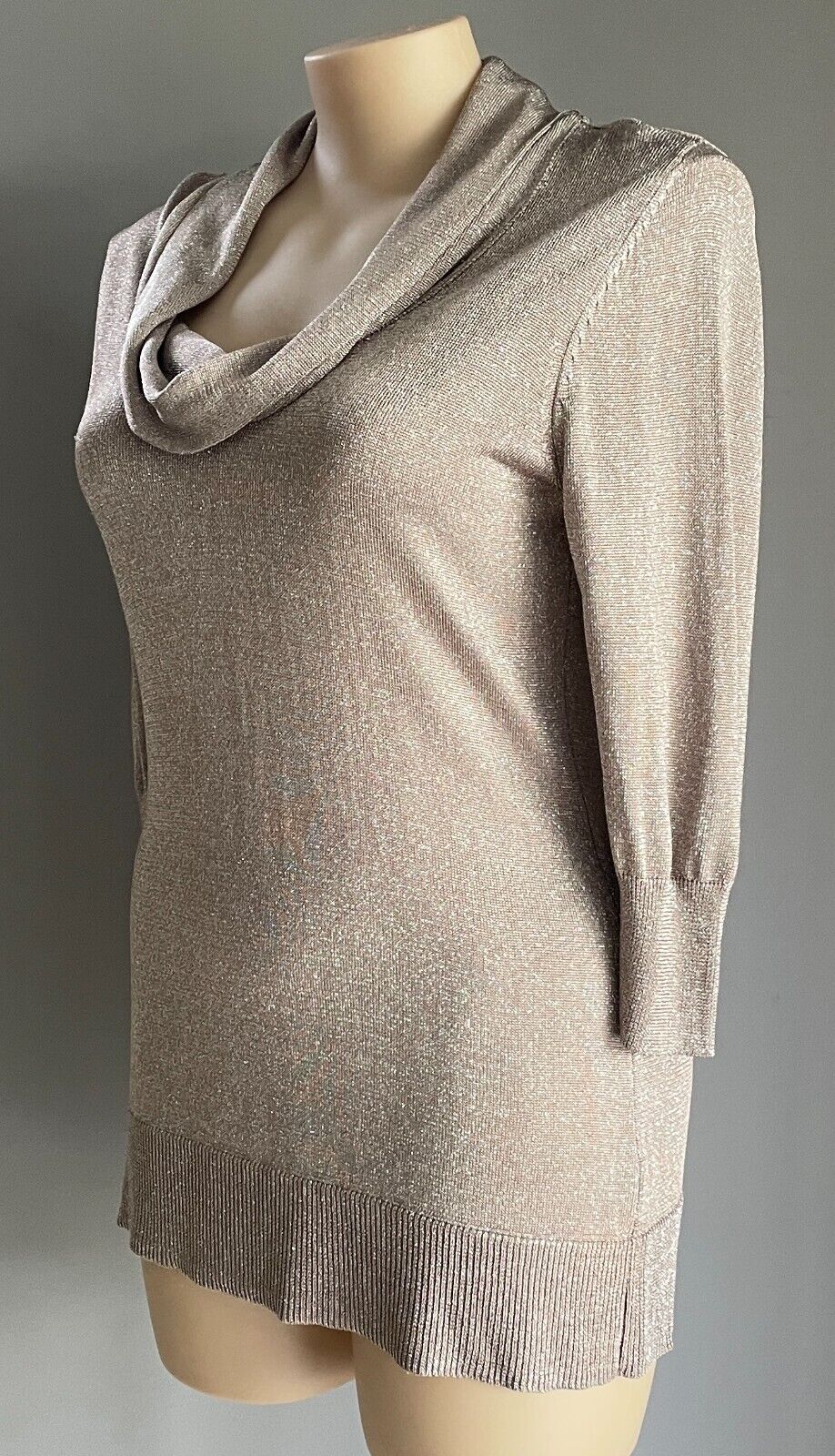 EXCLUSIVELY HARRY Jumper Beige Silver Cowl Neck Knit Sweater Size 2XL 3/4 Sleeve