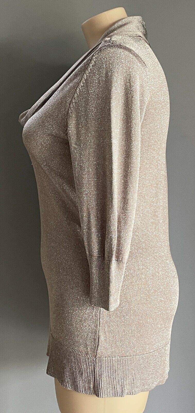 EXCLUSIVELY HARRY Jumper Beige Silver Cowl Neck Knit Sweater Size 2XL 3/4 Sleeve