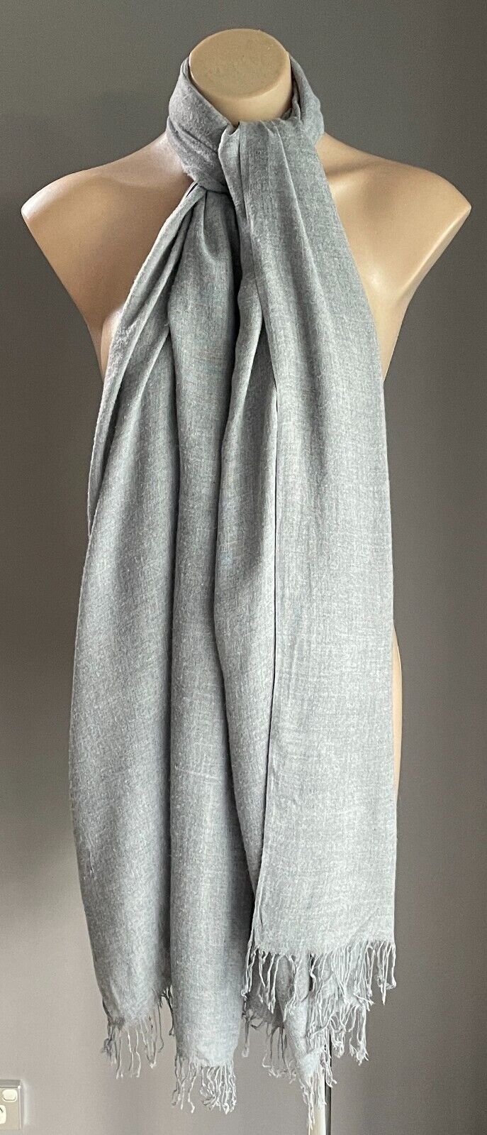 Neck Scarf Light Grey Fringed Wrap Lightweight Fabric Rectangle Wrap Shawl