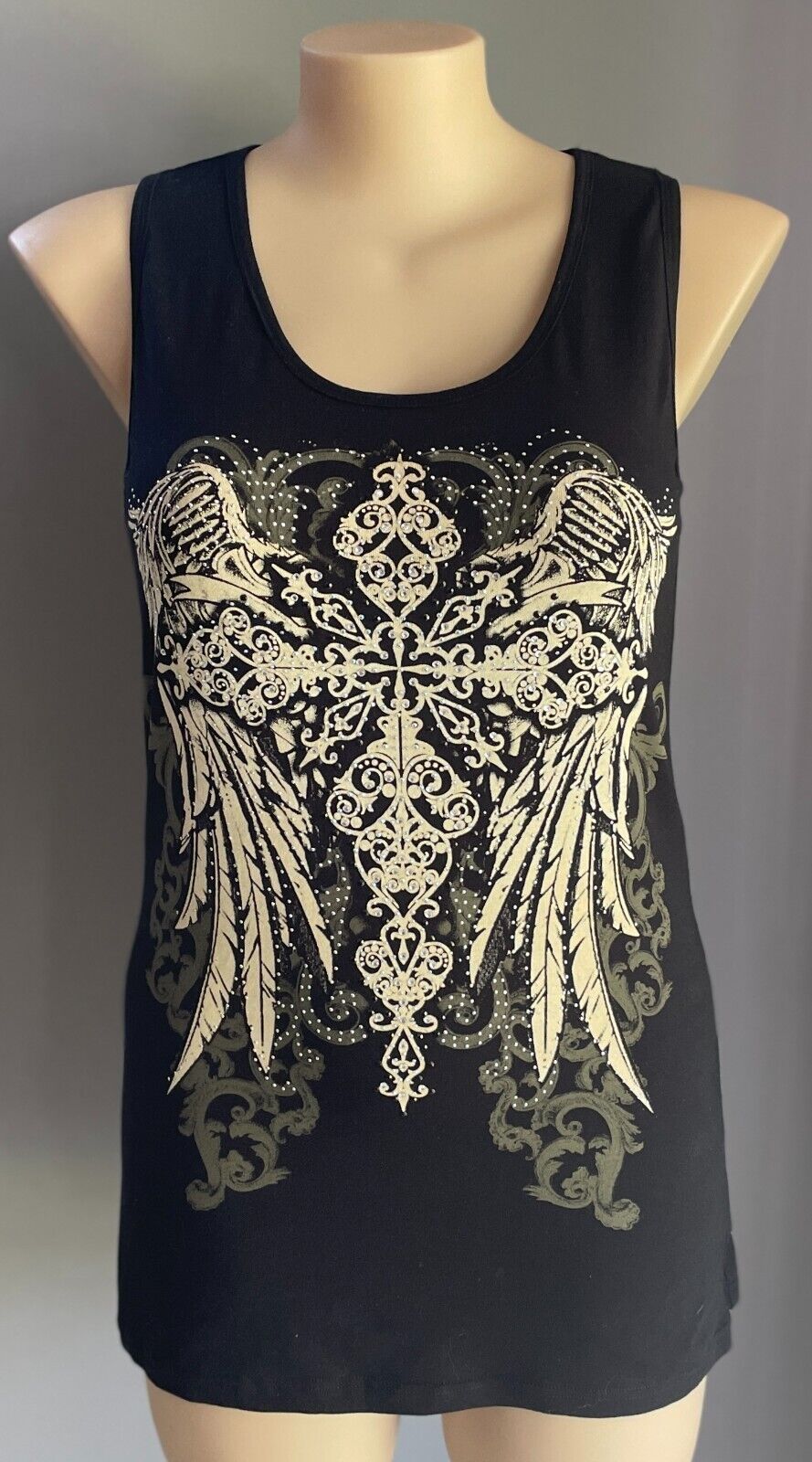 FROM LOS ANGELES by BUS STOP Tank Top Black Slash Back Crystal Trim Size US2X 16