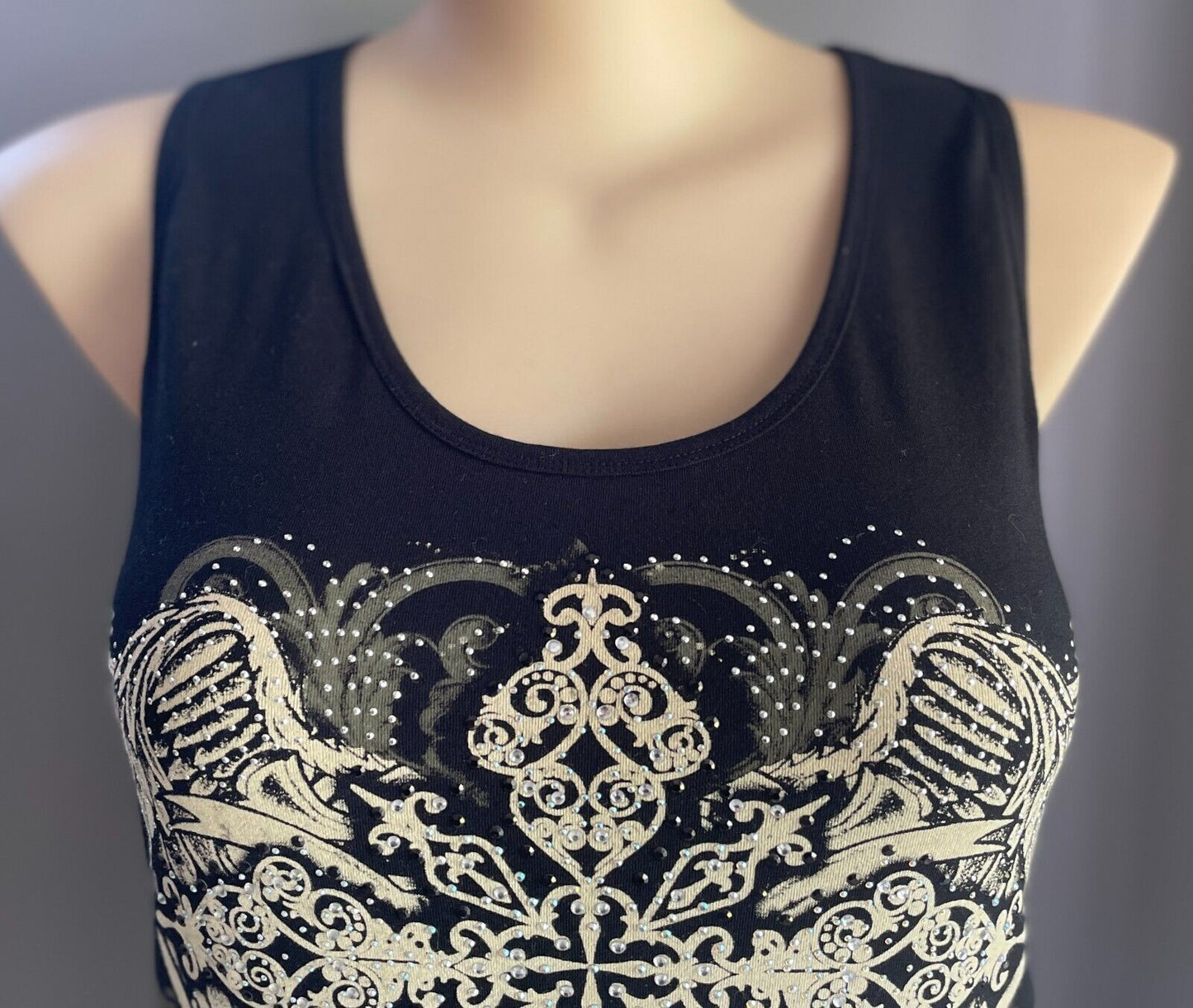 FROM LOS ANGELES by BUS STOP Tank Top Black Slash Back Crystal Trim Size US2X 16