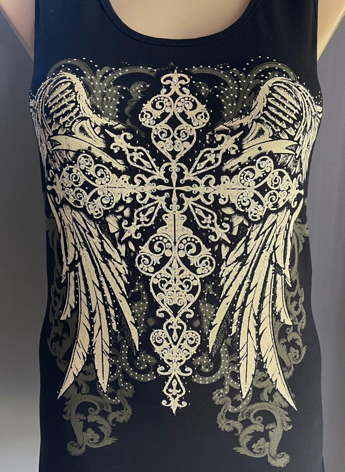 FROM LOS ANGELES by BUS STOP Tank Top Black Slash Back Crystal Trim Size US2X 16