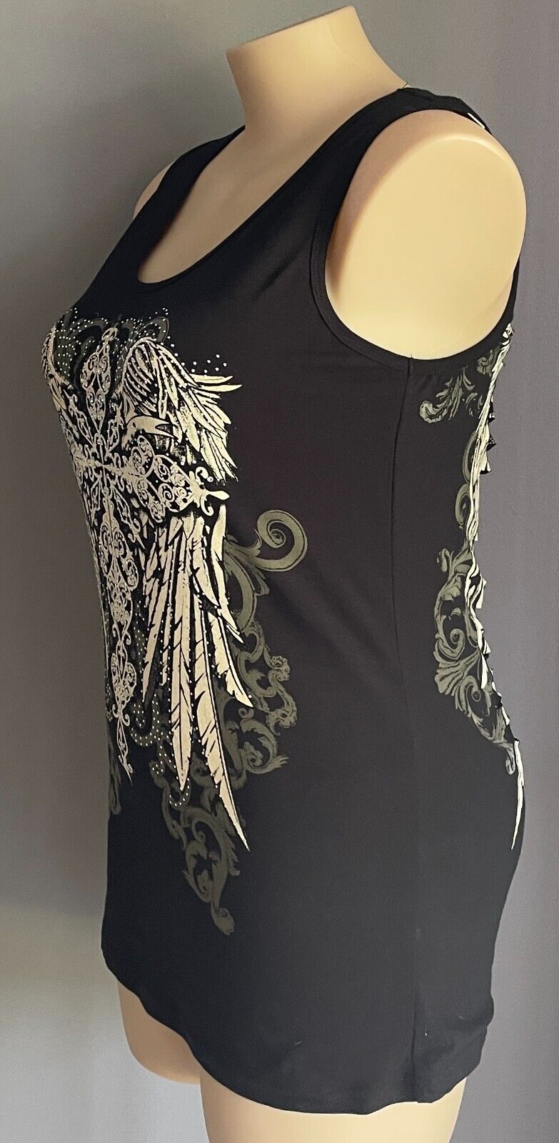 FROM LOS ANGELES by BUS STOP Tank Top Black Slash Back Crystal Trim Size US2X 16