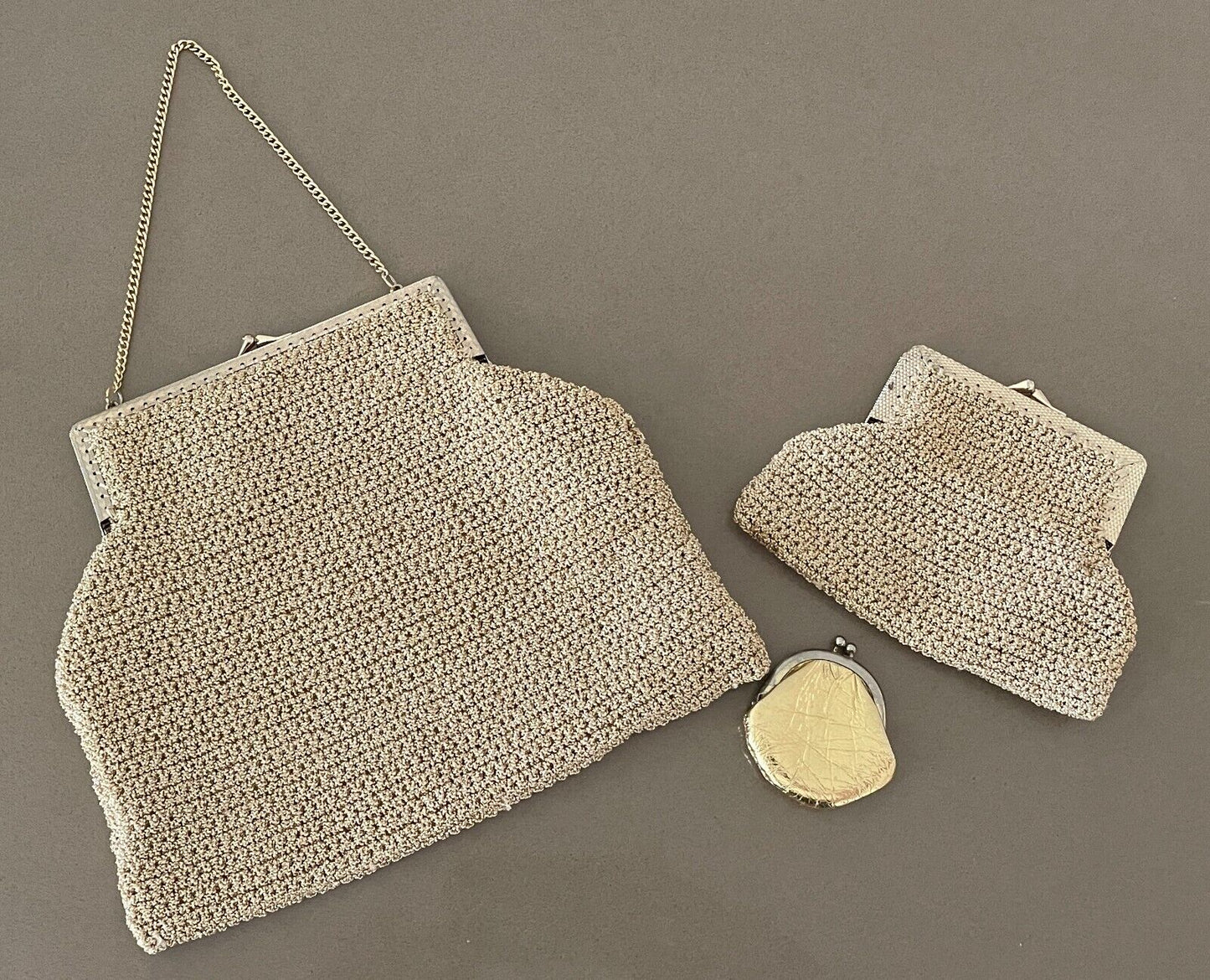Vintage Textured Gold Knit Metal Handbag + Purse + Tiny Coin Purse - 3 Pieces