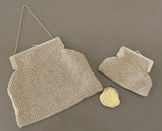 Vintage Textured Gold Knit Metal Handbag + Purse + Tiny Coin Purse - 3 Pieces