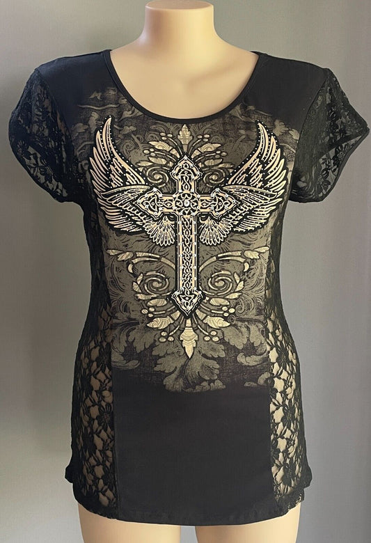 FROM LOS ANGELES by BUS STOP Black T-Shirt Lace & Crystal Trim Size 2X 16 NEW