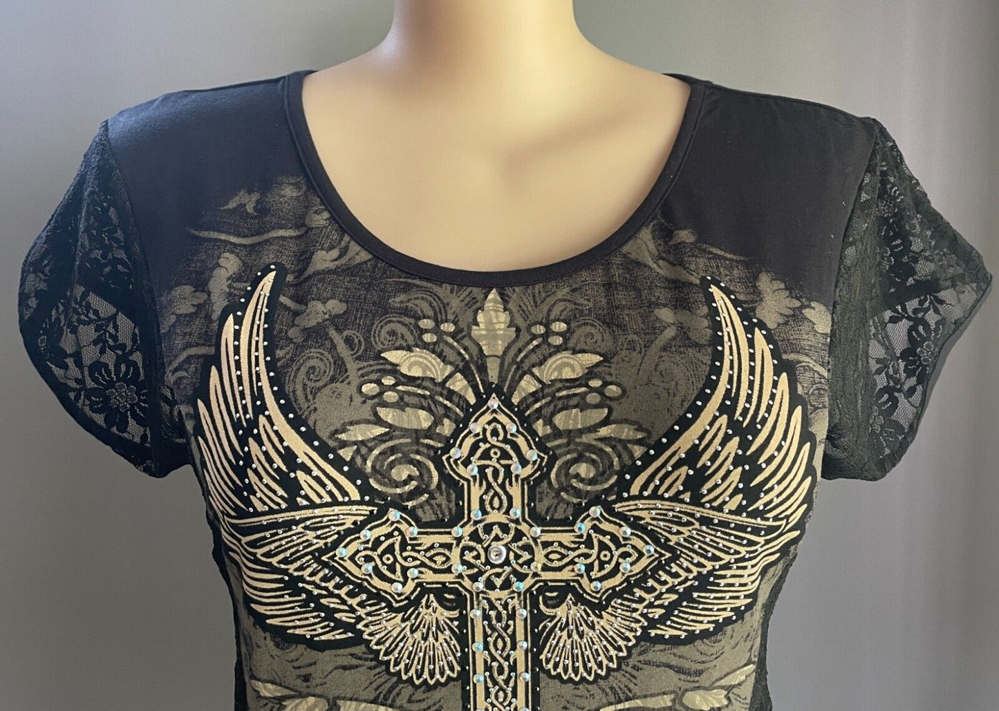 FROM LOS ANGELES by BUS STOP Black T-Shirt Lace & Crystal Trim Size 2X 16 NEW