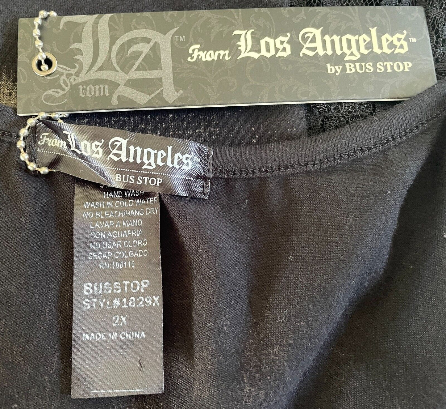 FROM LOS ANGELES by BUS STOP Black T-Shirt Lace & Crystal Trim Size 2X 16 NEW