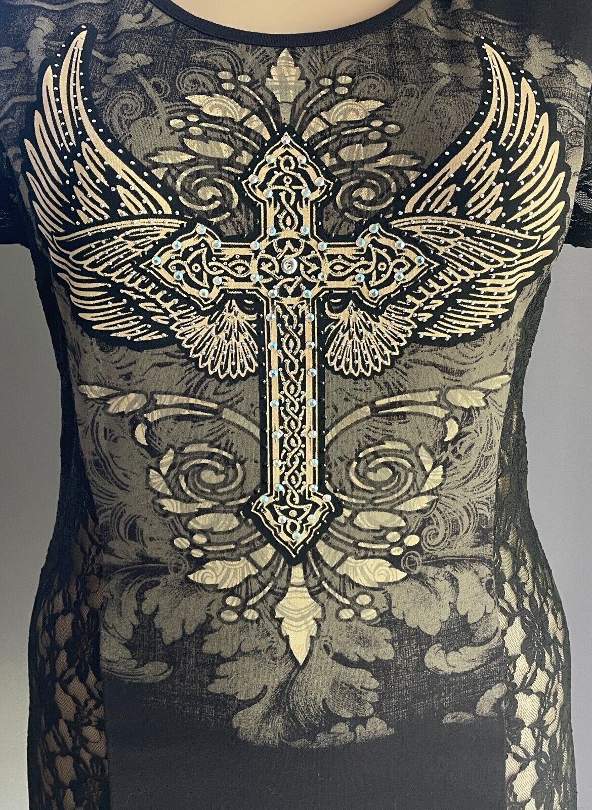 FROM LOS ANGELES by BUS STOP Black T-Shirt Lace & Crystal Trim Size 2X 16 NEW