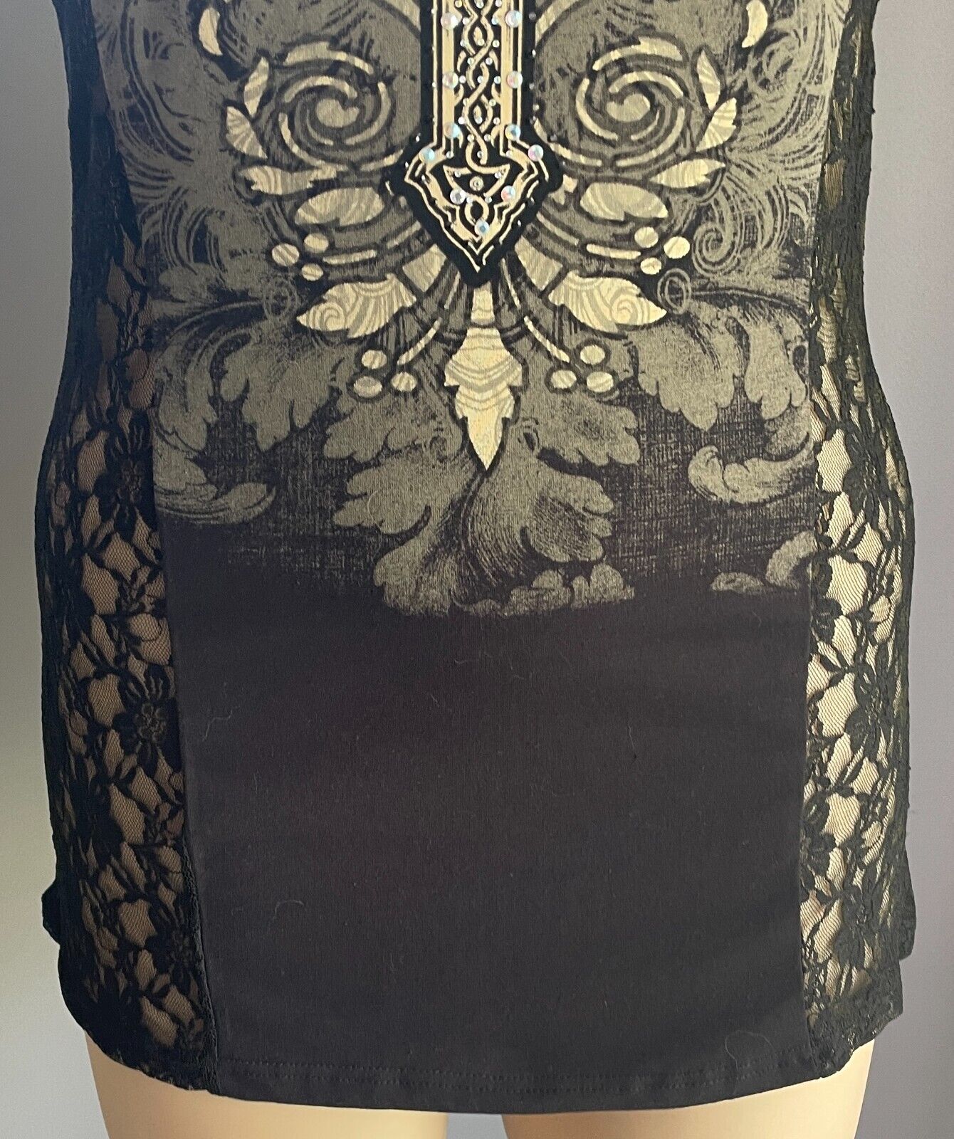 FROM LOS ANGELES by BUS STOP Black T-Shirt Lace & Crystal Trim Size 2X 16 NEW