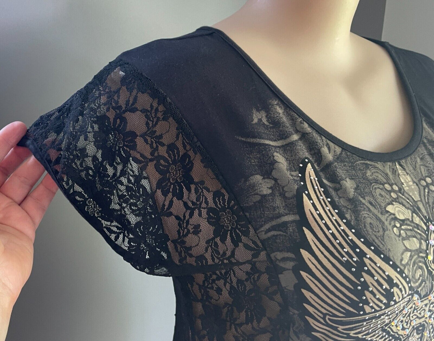 FROM LOS ANGELES by BUS STOP Black T-Shirt Lace & Crystal Trim Size 2X 16 NEW