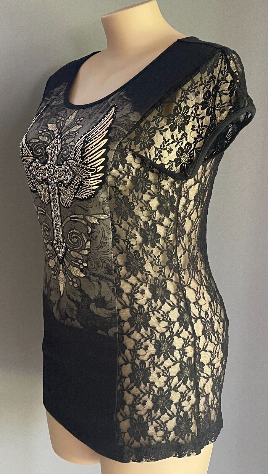 FROM LOS ANGELES by BUS STOP Black T-Shirt Lace & Crystal Trim Size 2X 16 NEW