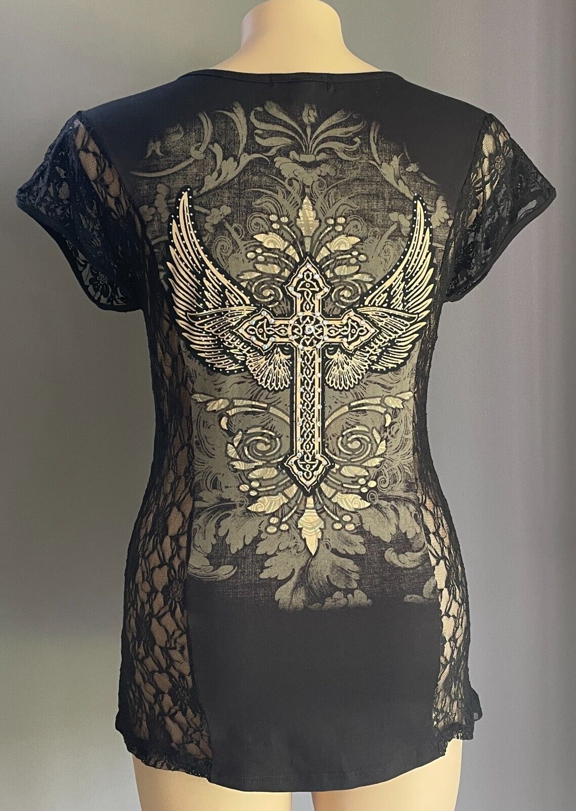 FROM LOS ANGELES by BUS STOP Black T-Shirt Lace & Crystal Trim Size 2X 16 NEW
