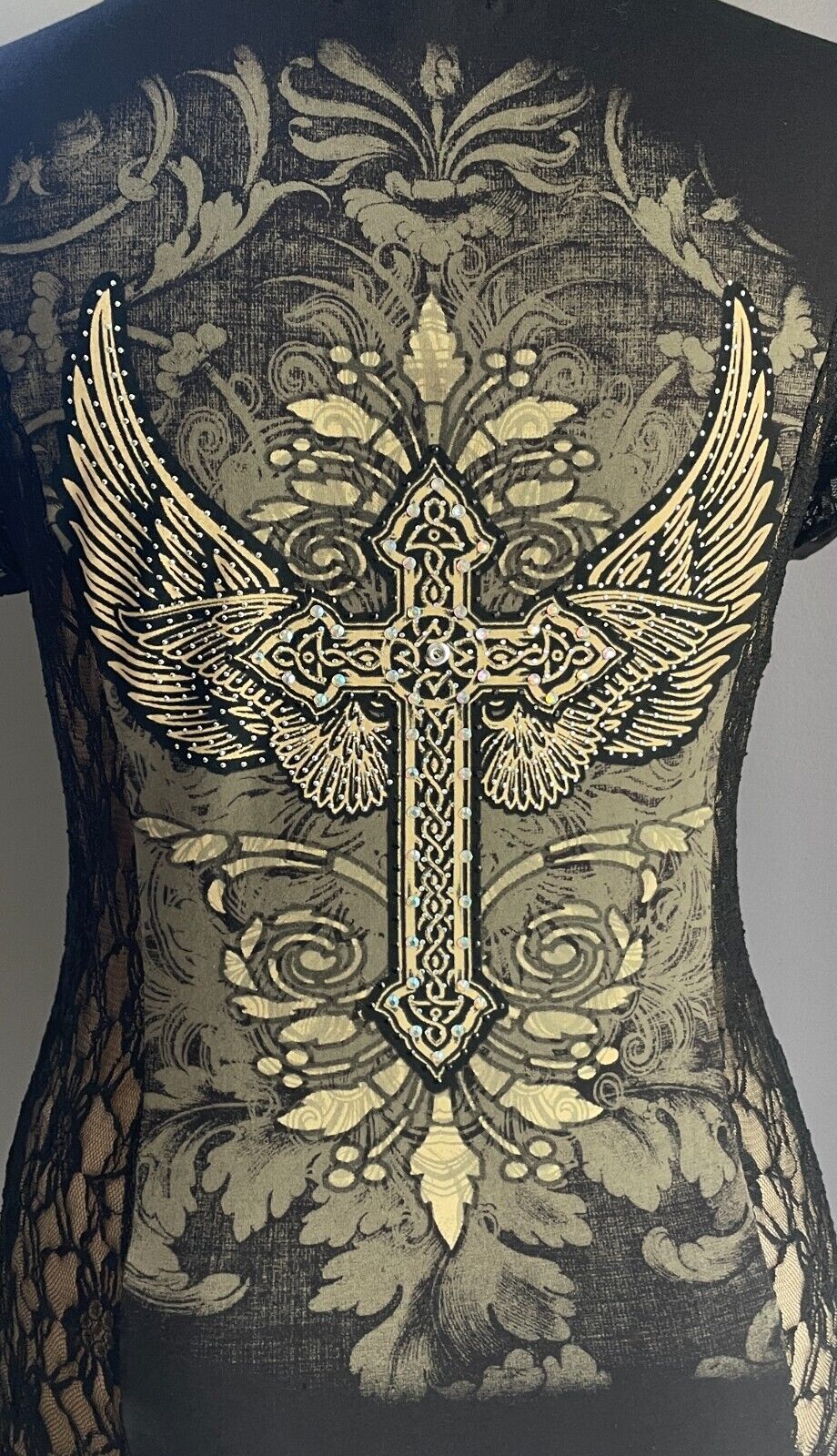 FROM LOS ANGELES by BUS STOP Black T-Shirt Lace & Crystal Trim Size 2X 16 NEW
