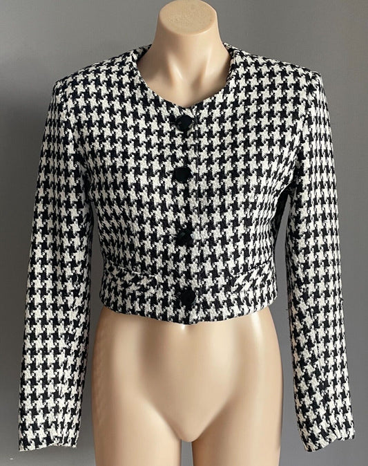MAX Black & White Houndstooth Long Sleeve Cropped Jacket Size 12 New Zealand