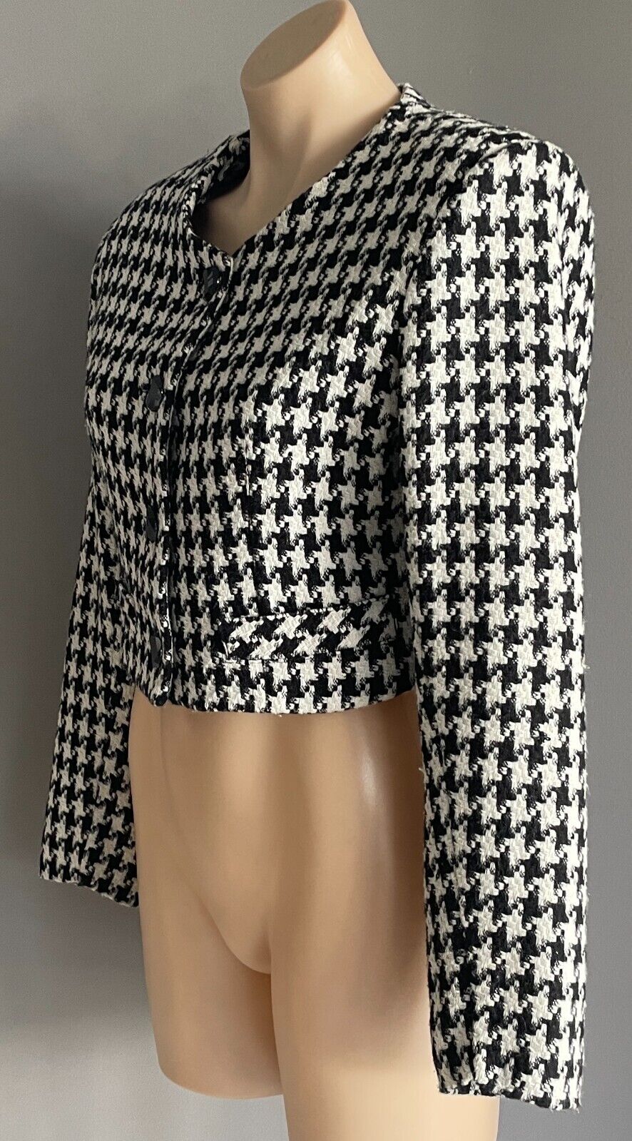 MAX Black & White Houndstooth Long Sleeve Cropped Jacket Size 12 New Zealand