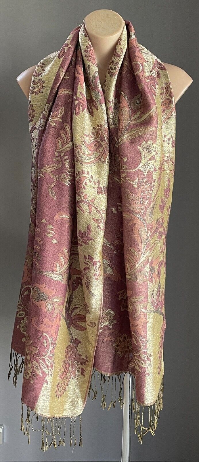 Large Shawl Neck Scarf Gold Pink Peach Floral & Paisley Print Wrap Fringed NEW