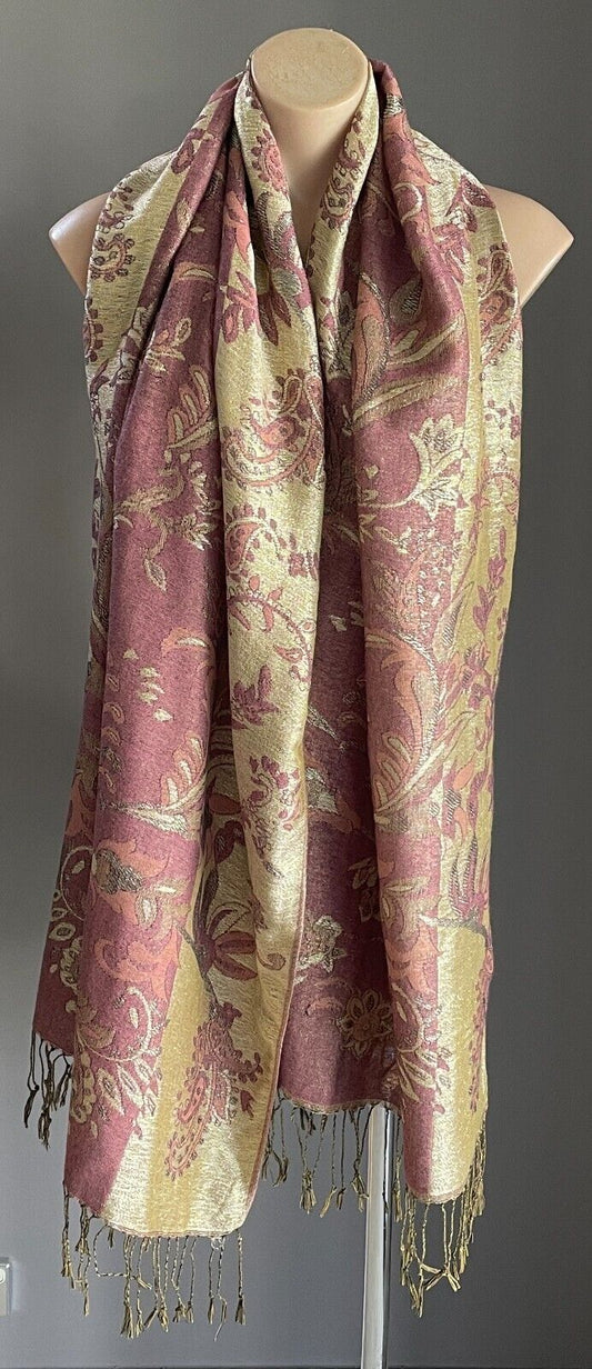 Large Shawl Neck Scarf Gold Pink Peach Floral & Paisley Print Wrap Fringed NEW