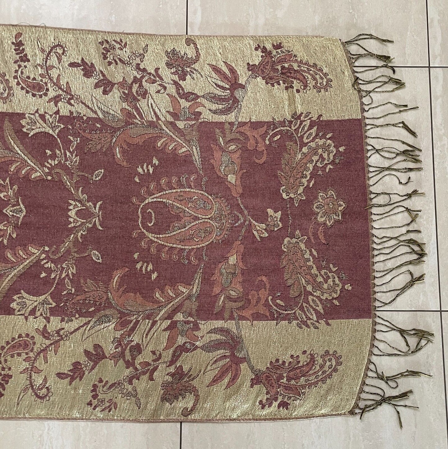 Large Shawl Neck Scarf Gold Pink Peach Floral & Paisley Print Wrap Fringed NEW
