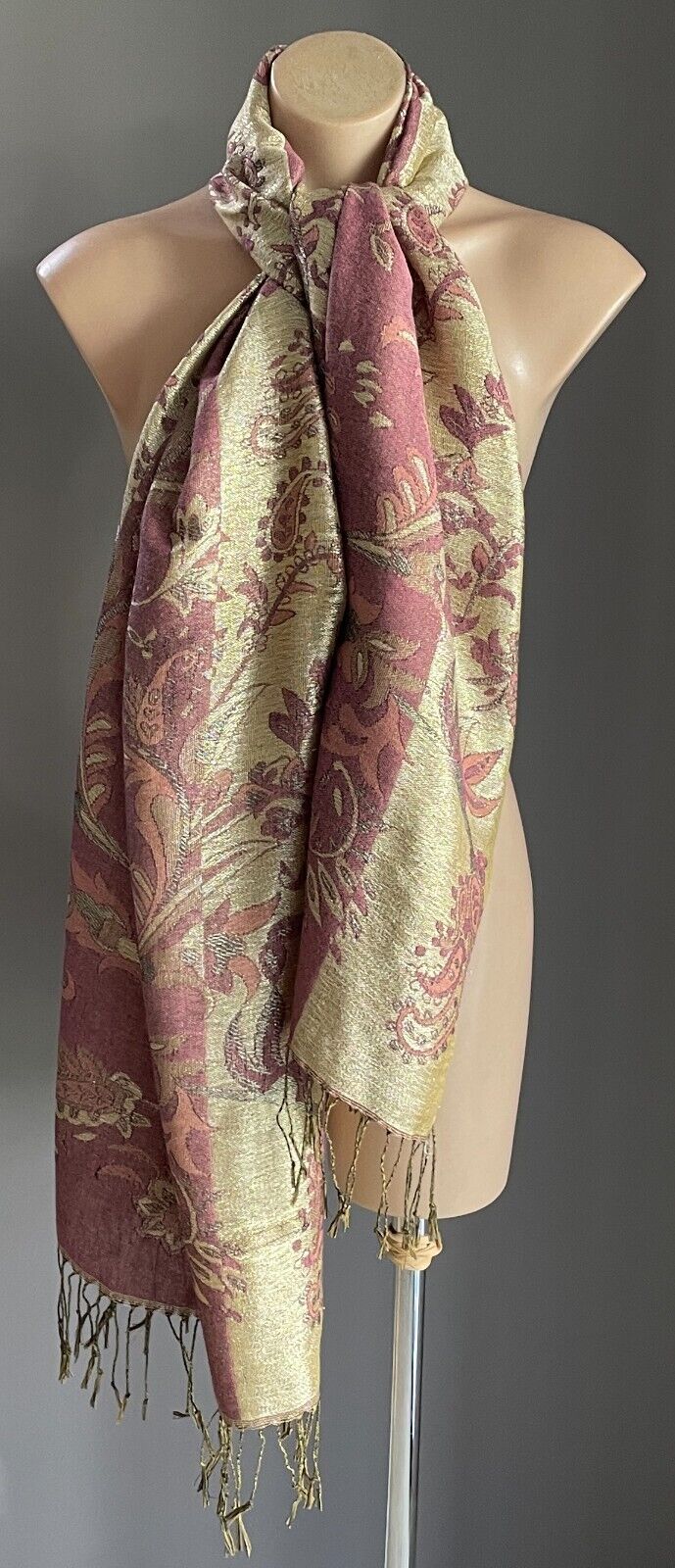 Large Shawl Neck Scarf Gold Pink Peach Floral & Paisley Print Wrap Fringed NEW