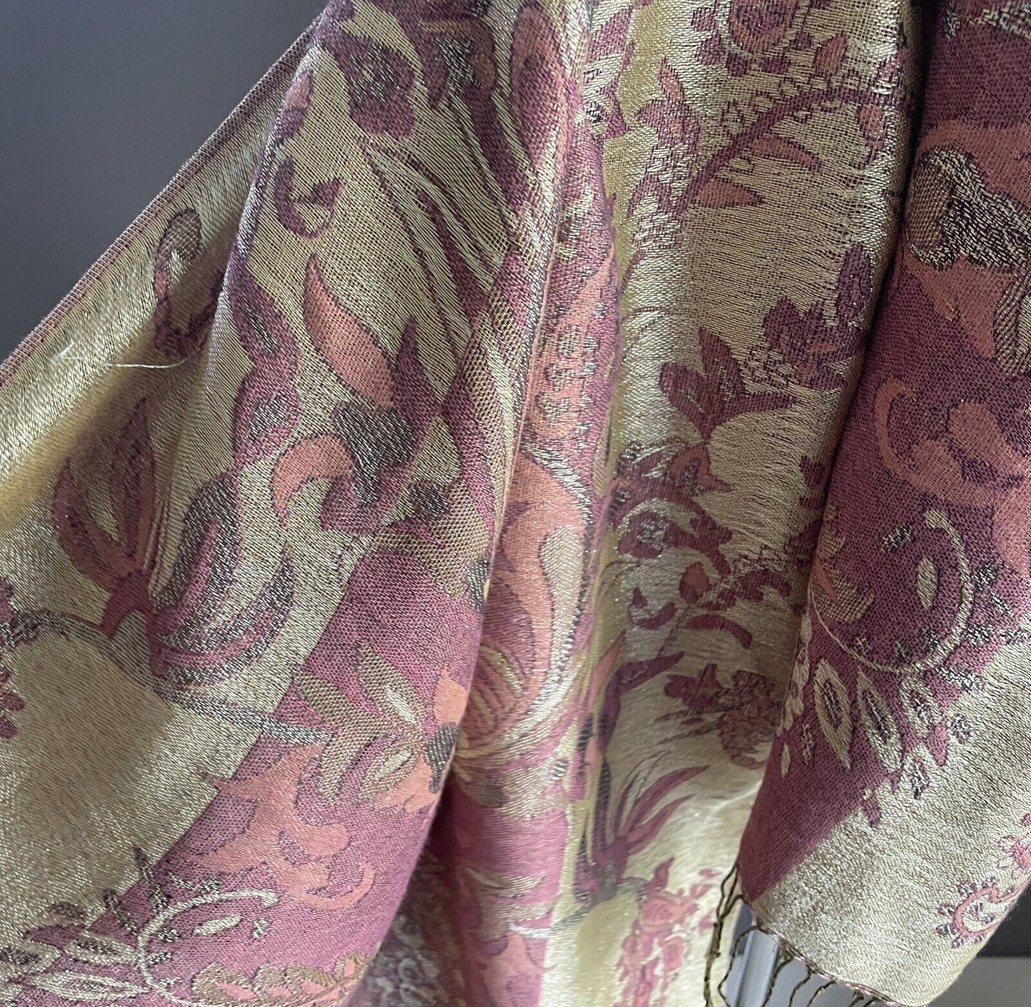 Large Shawl Neck Scarf Gold Pink Peach Floral & Paisley Print Wrap Fringed NEW
