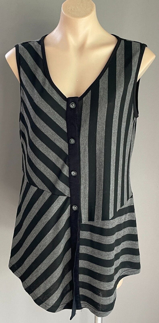 EMMA ROSE Top Grey Black Stripe Sleeveless Button Front  Size 12 Stretch Fabric