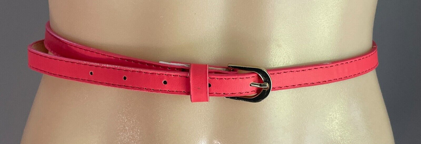 Belt Coral Red Pleather 1.2cm Thin Gold Buckle Size L To Fit Waist 99-109cm