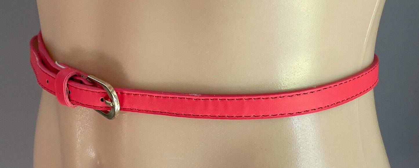 Belt Coral Red Pleather 1.2cm Thin Gold Buckle Size L To Fit Waist 99-109cm